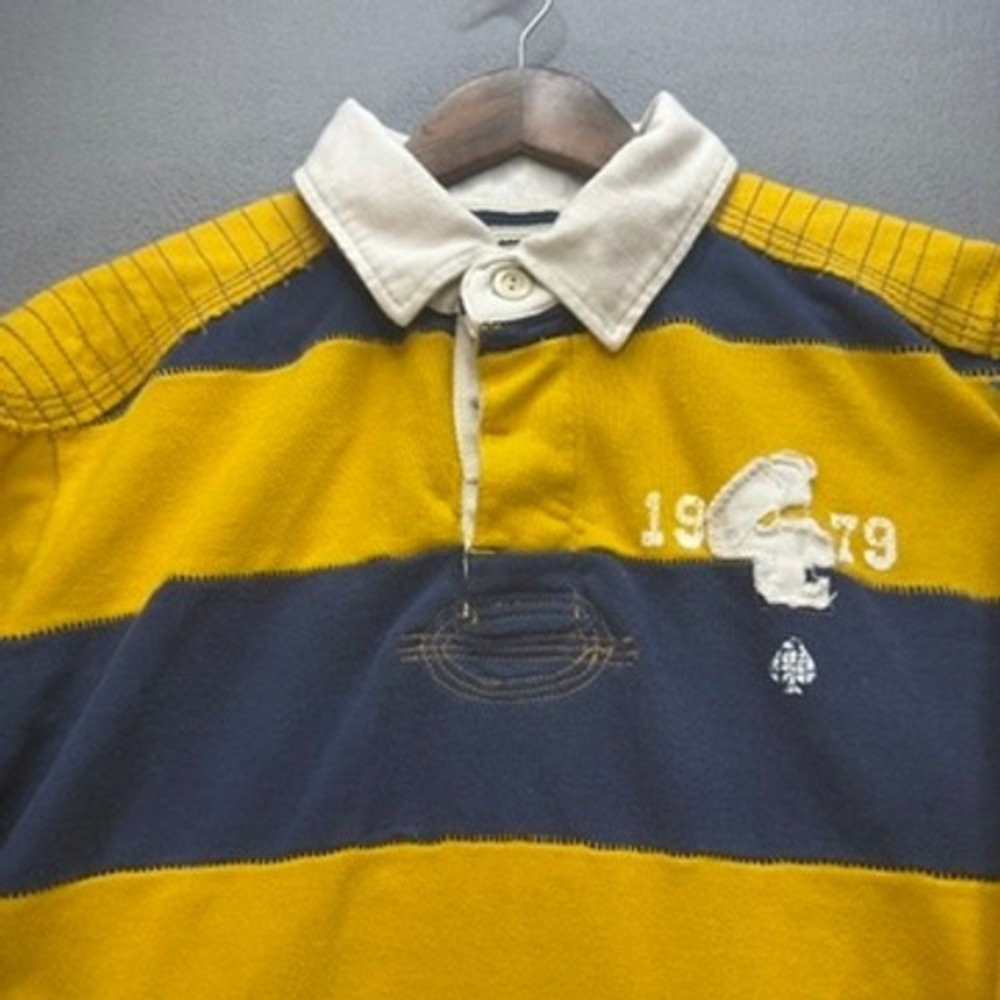 Trailer Vintage Fit Rugby Shirt Long Sleeve XXL Yellow Navy Striped Elbow Patch - Picture 3 of 11